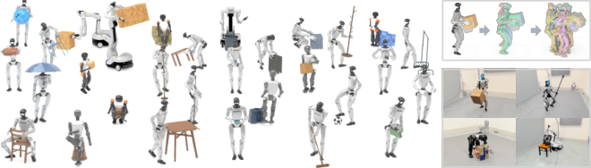 Left panel of the InterMimicGen teaser showing diverse robot interactions